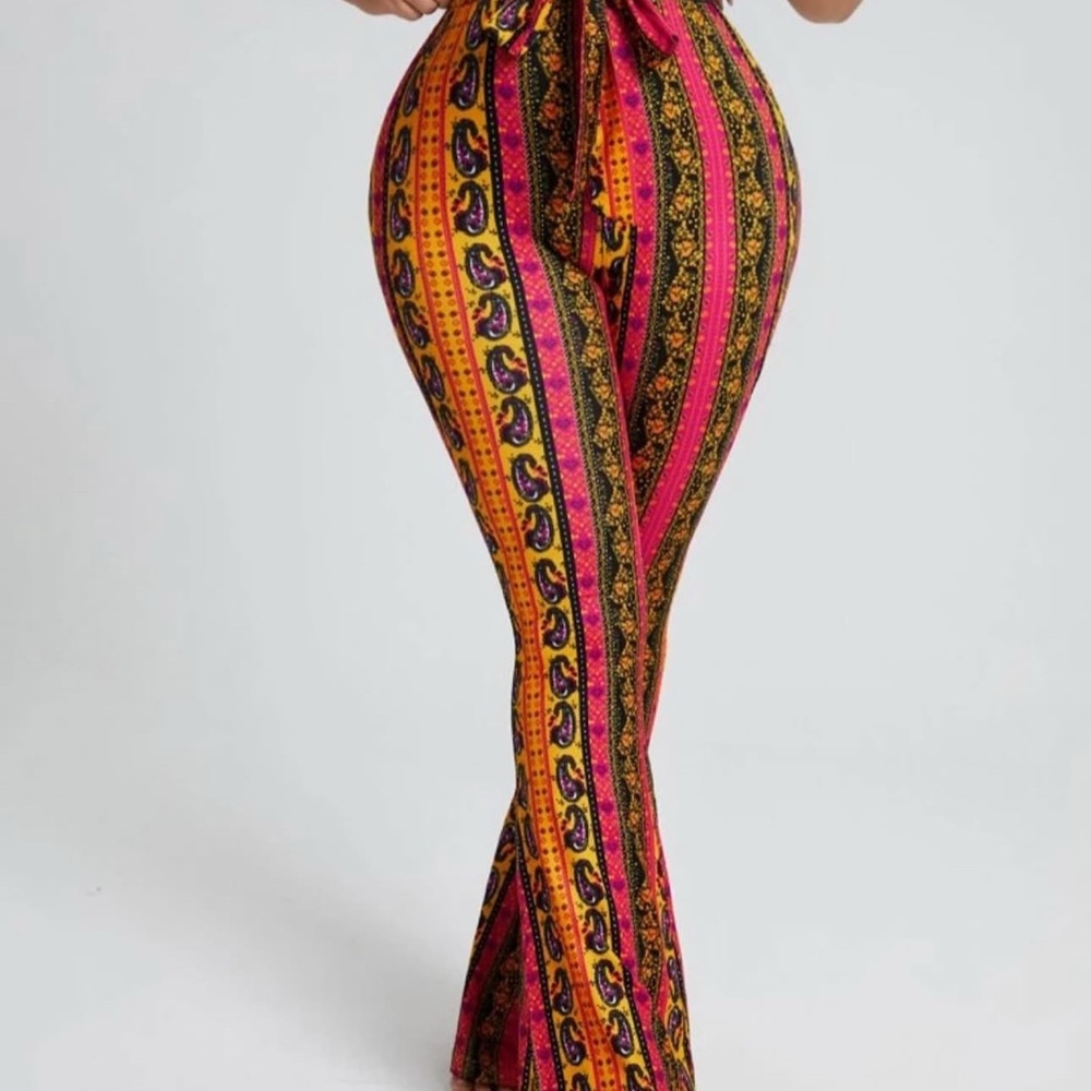 SHEIN Pink and Orange Flare Pants with Bohemian Pattern